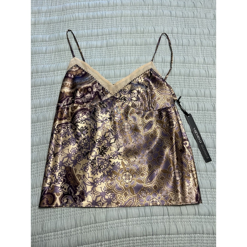 VTG NWT Pierre Cardin Purple Satin Beaded Paisley Floral Y2K Babydoll Tank Med